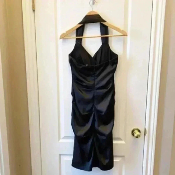 Le Chateau Cocktail Evening Dress Black Satin Halter Neck Bodycon Ruched Small - Picture 5 of 16